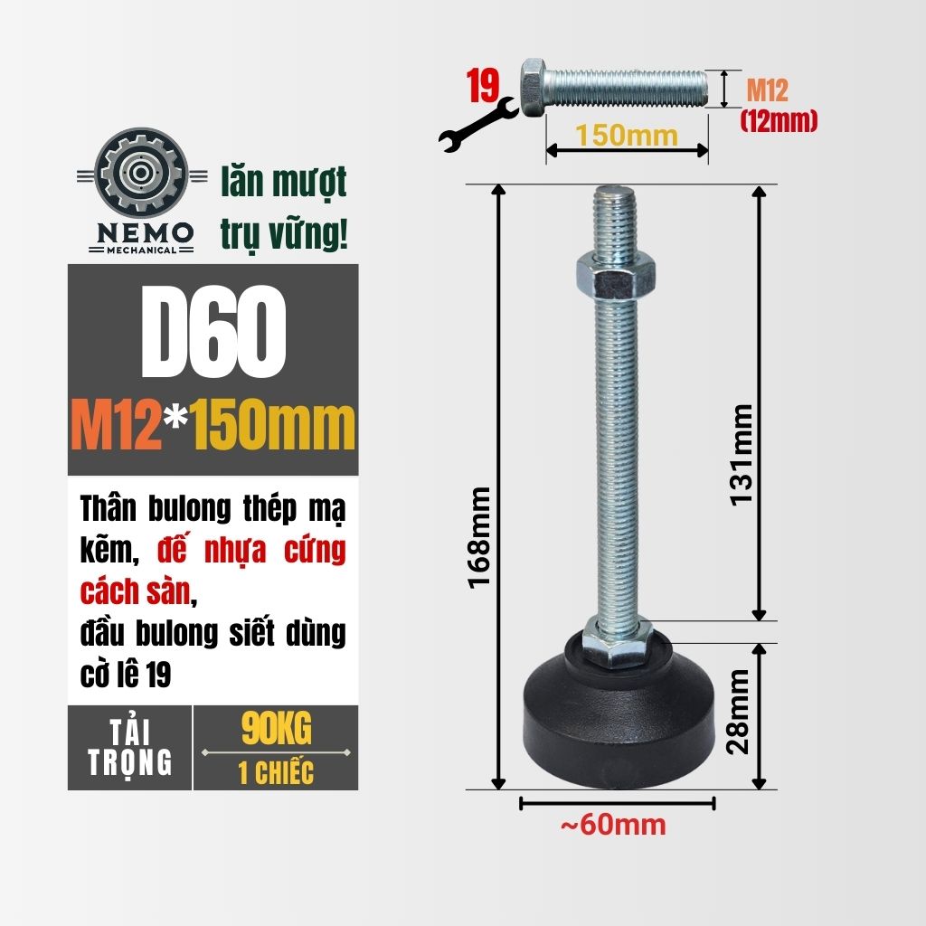 Chân Tăng Chỉnh Đế Nhựa Cứng – Giải Pháp Cân Bằng & Chống Rung (M10, M12, M16)